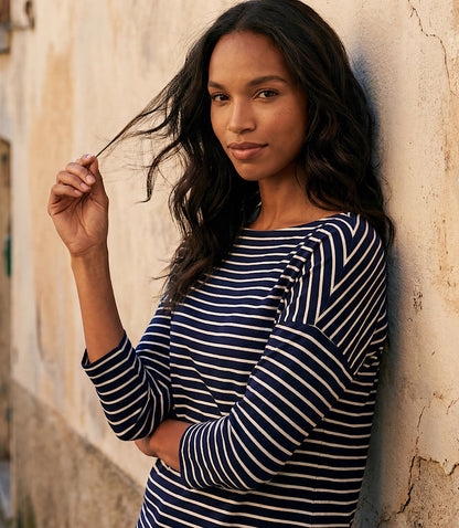 Petite Size Stripe 3/4 Sleeve Boatneck Top