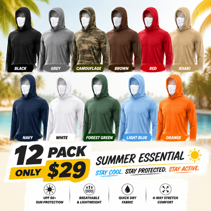 UPF 50+ Long-Sleeve Sun-Protection Hoodie (with Sleeve Pocket and Face Mask)