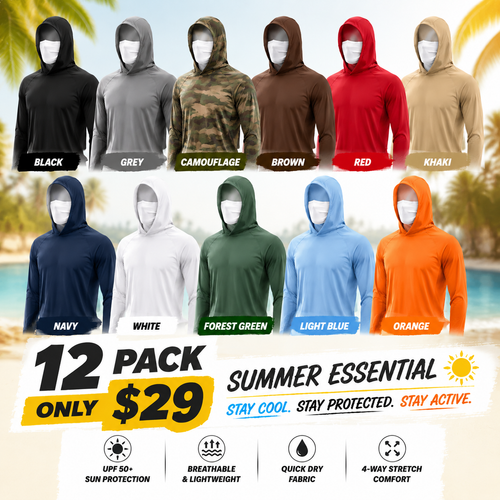 UPF 50+ Long-Sleeve Sun-Protection Hoodie (with Sleeve Pocket and Face Mask)