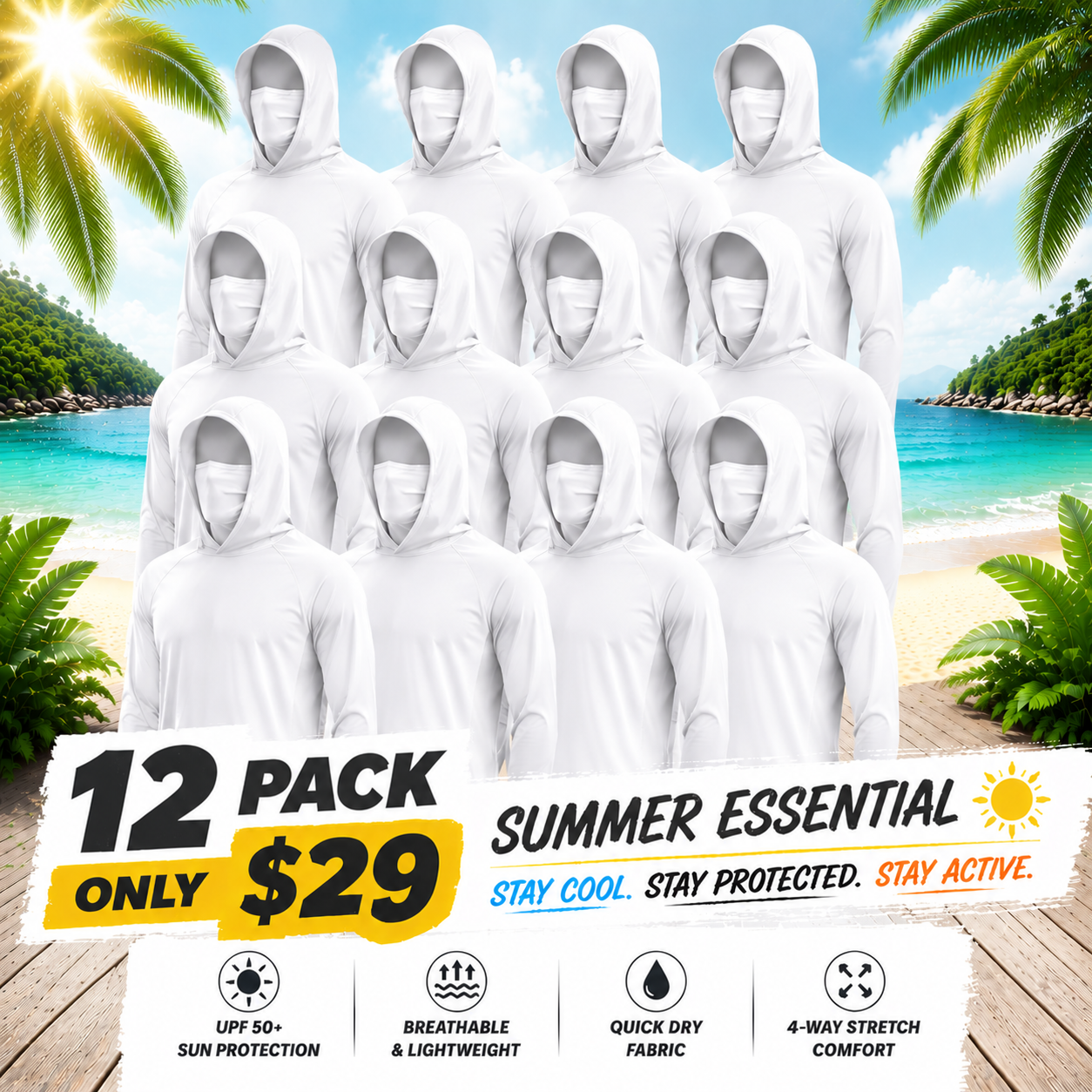UPF 50+ Long-Sleeve Sun-Protection Hoodie (with Sleeve Pocket and Face Mask)