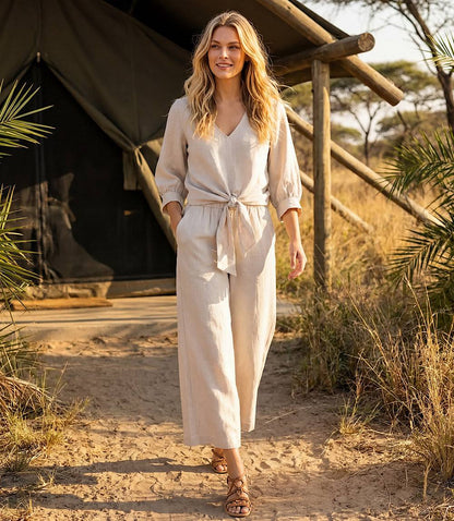 Blouson Sleeve Linen Tie-Front Top