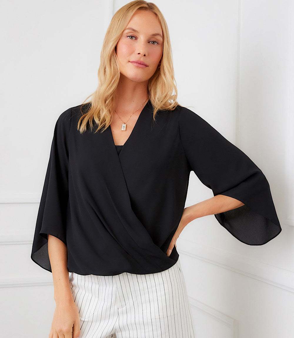 Petite Size Bracelet Sleeve Drape Front Crossover Top