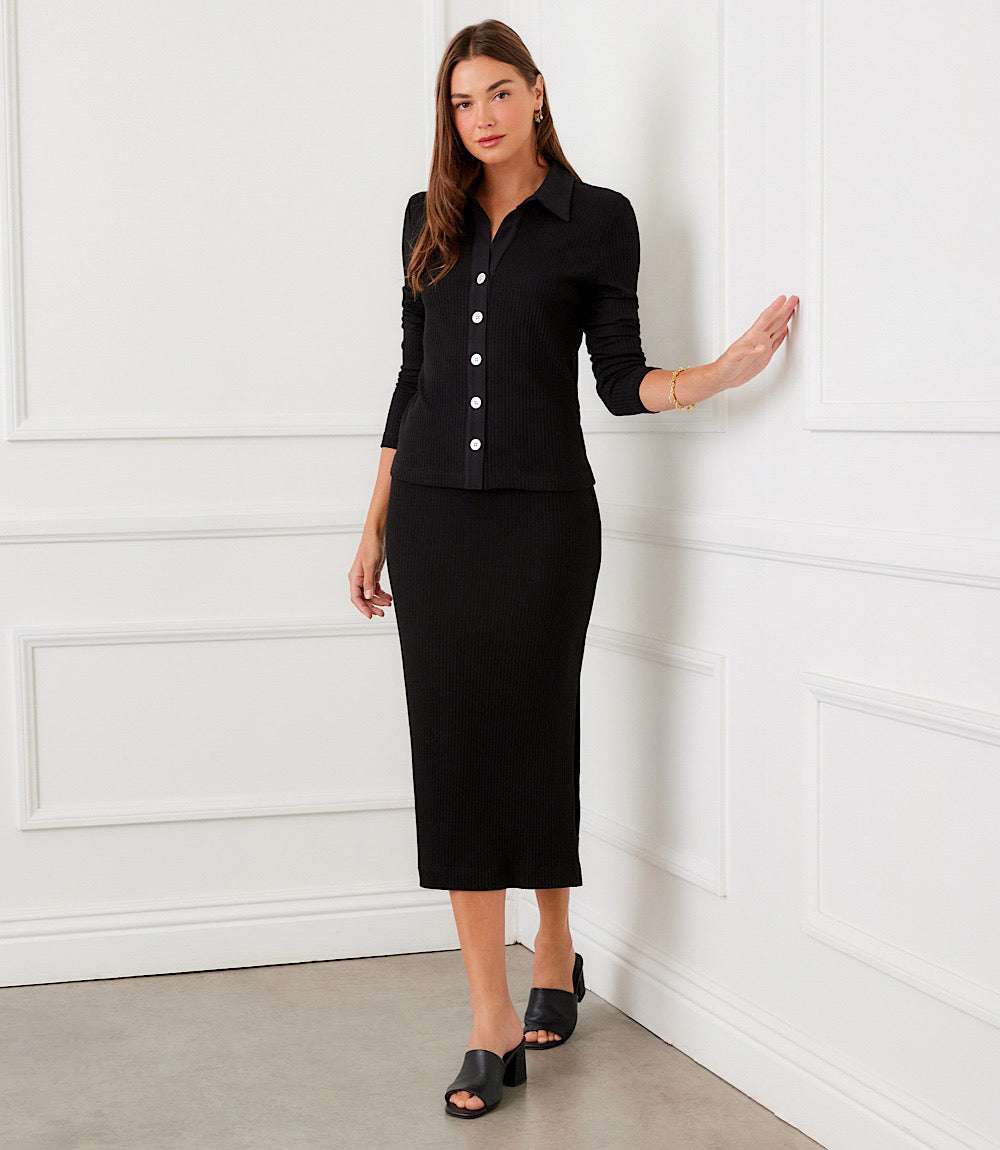 Ribbed Side-Slit Midi Skirt