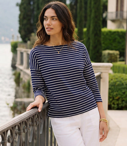 Petite Size Stripe 3/4 Sleeve Boatneck Top
