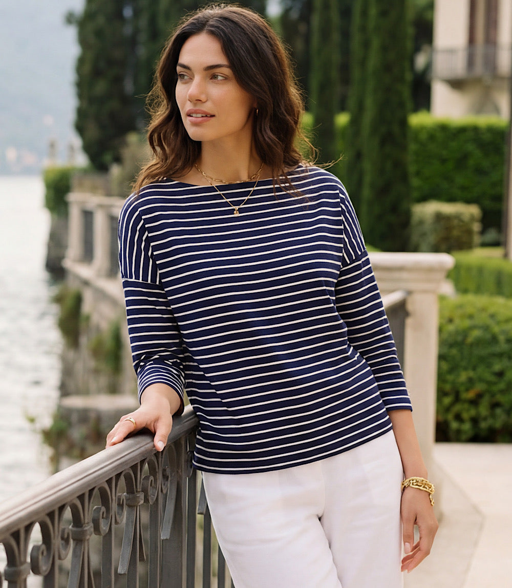 Stripe 3/4 Sleeve Boatneck Top