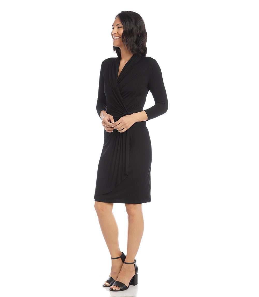 Petite Size 3/4 Sleeve Cascade Wrap Dress
