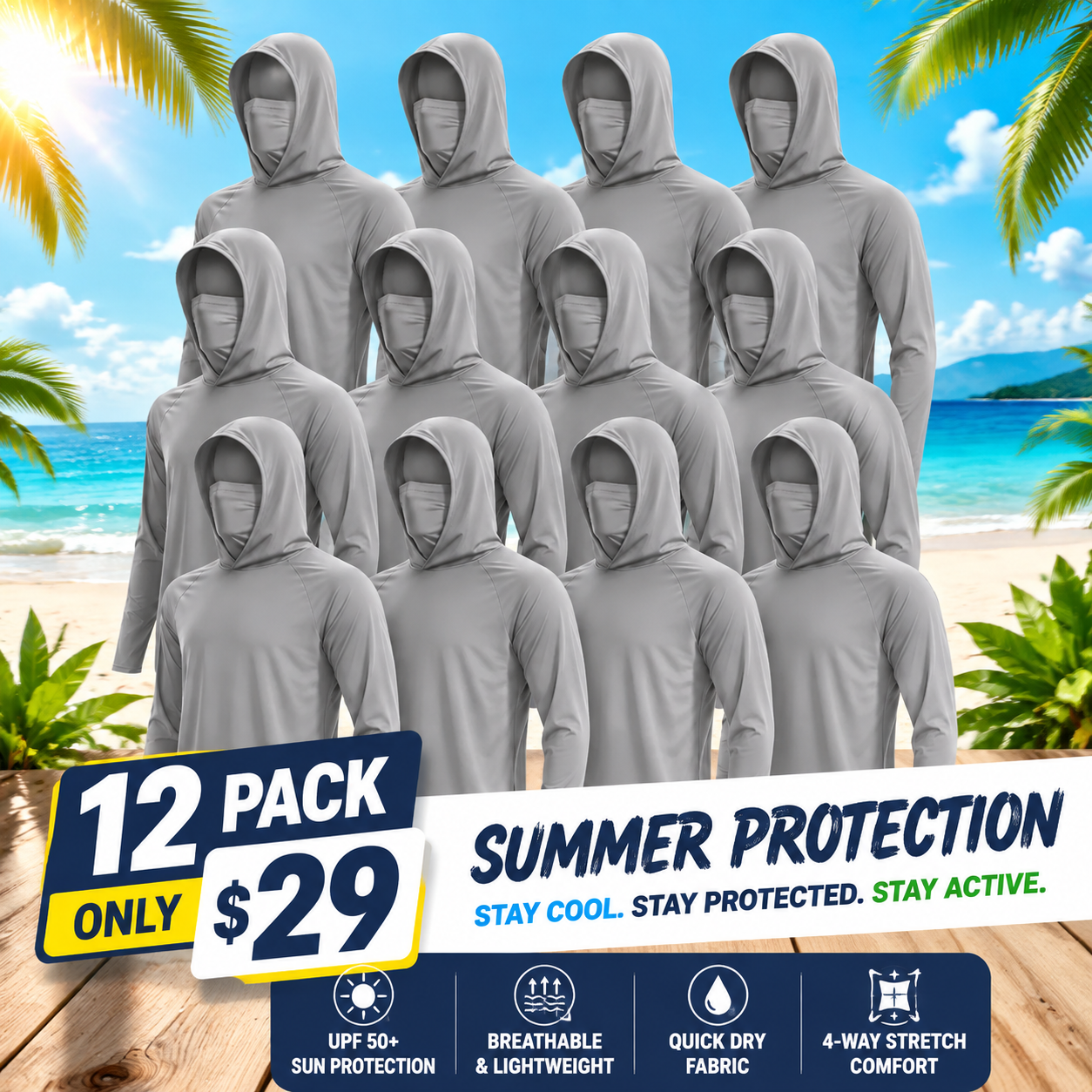 UPF 50+ Long-Sleeve Sun-Protection Hoodie (with Sleeve Pocket and Face Mask)