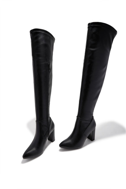 Adeline Chunky Heel Over The Knee Boots - Black