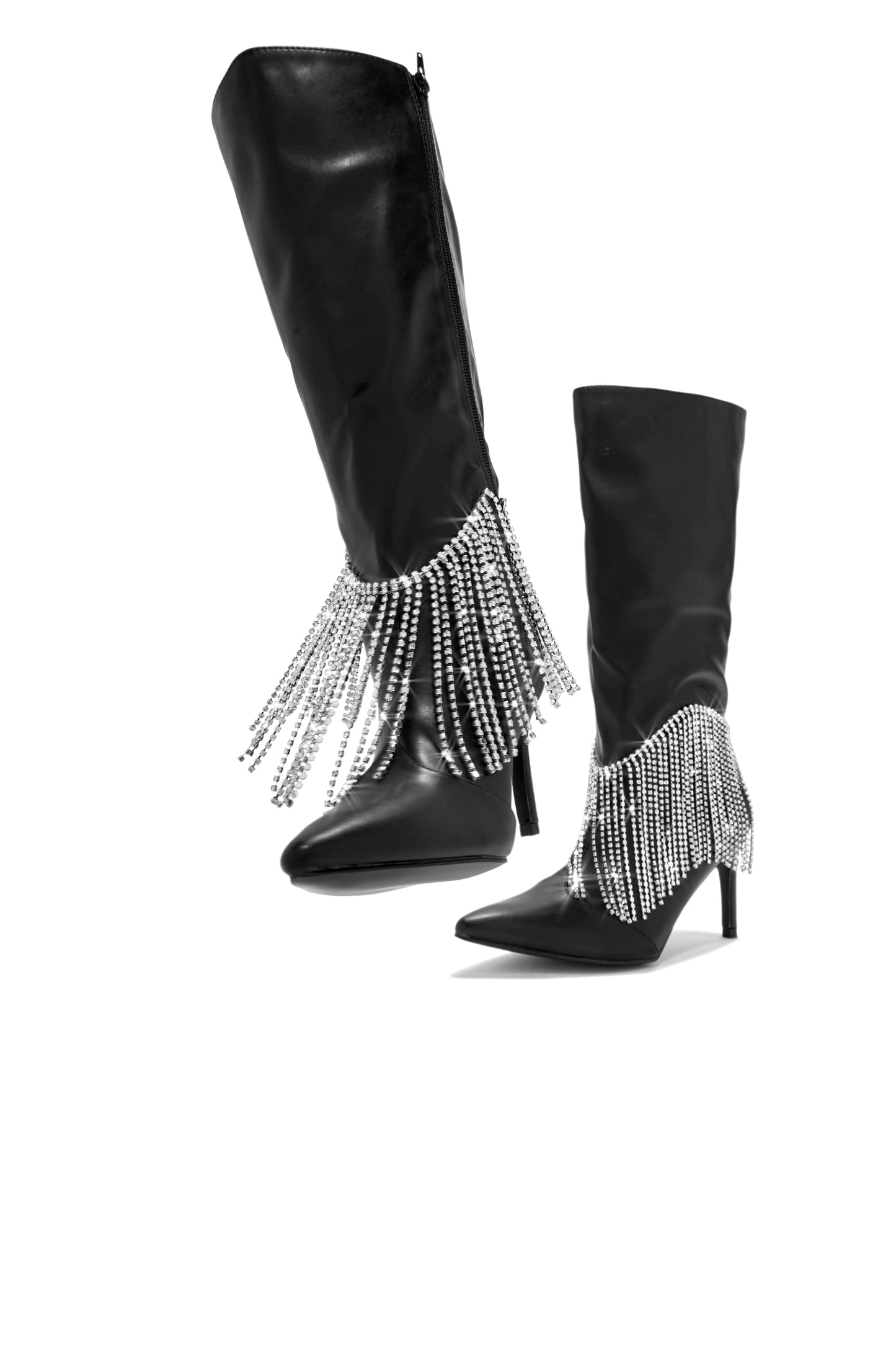 Faye Embellished Fringe Knee High Boots - Black