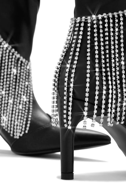 Faye Embellished Fringe Knee High Boots - Black