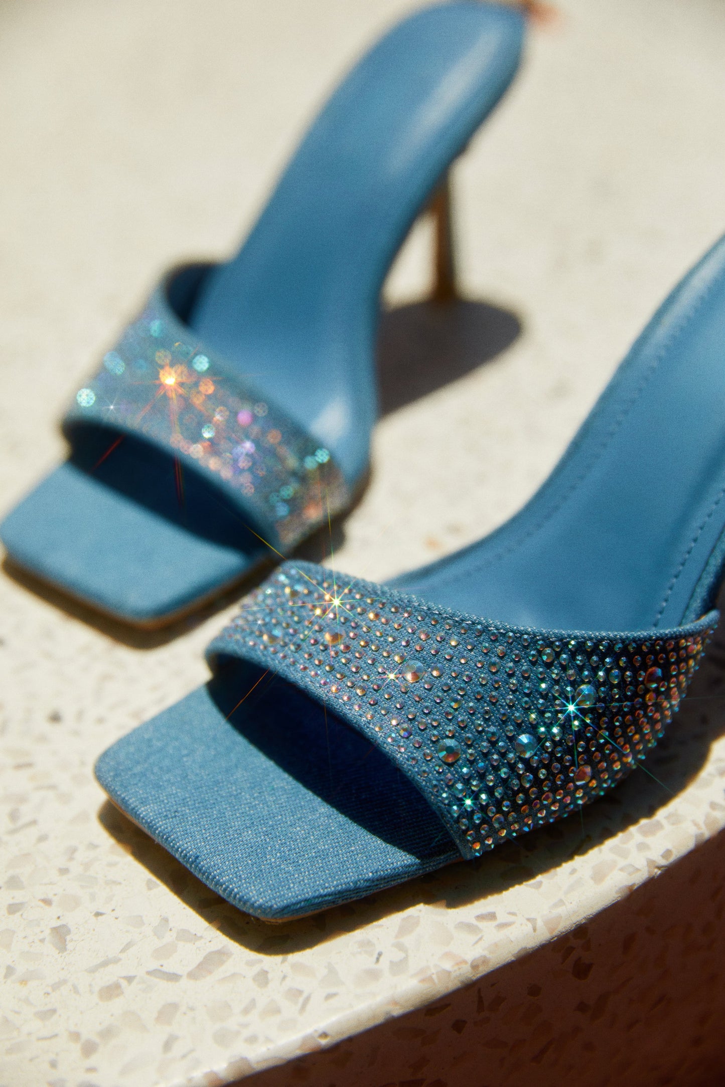 Irina Embellished Mid High Heels - Denim
