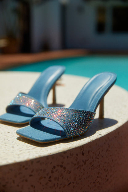 Irina Embellished Mid High Heels - Denim