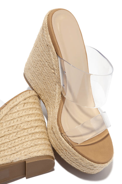 Midnight Beach Clear Strap Espadrille Platform Wedges - Natural