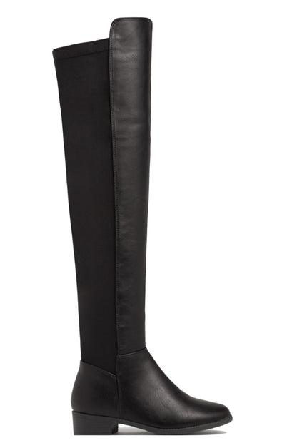London Flat Over The Knee Boots - Black PU
