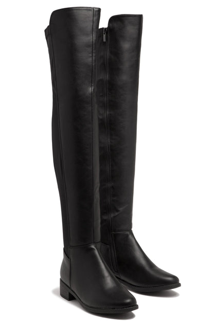 London Flat Over The Knee Boots - Black PU
