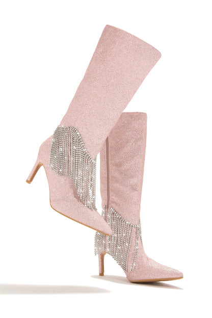 Faye Embellished Fringe Knee High Boots - Pink