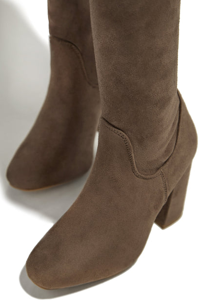 Going Up Over The Knee Block Heel Boots - Taupe