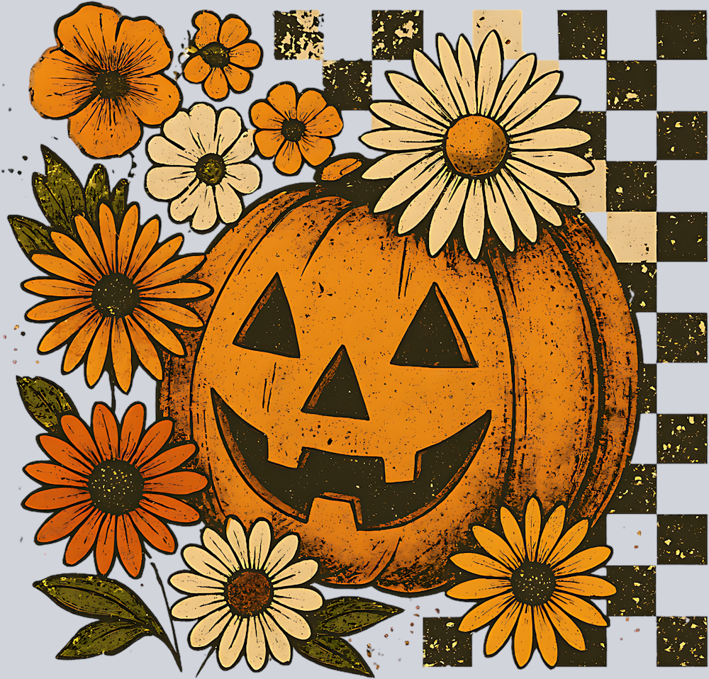 Autumn Pumpkin Flowers and Checkerboard 2 - STK07339 (DTF Transfers)