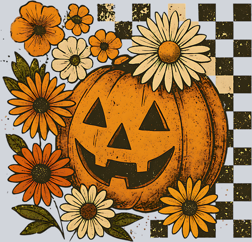 Autumn Pumpkin Flowers and Checkerboard 2 - STK07339 (DTF Transfers)