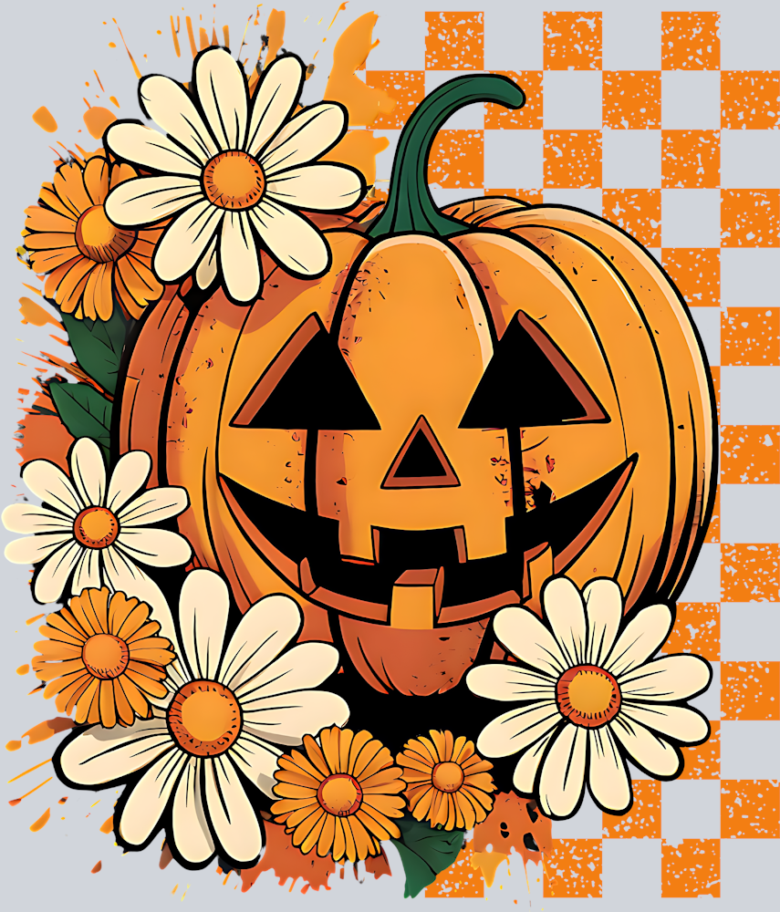 Autumn Halloween Pumpkin Flowers and Checkerboard 8 - STK07335 (DTF Transfers)