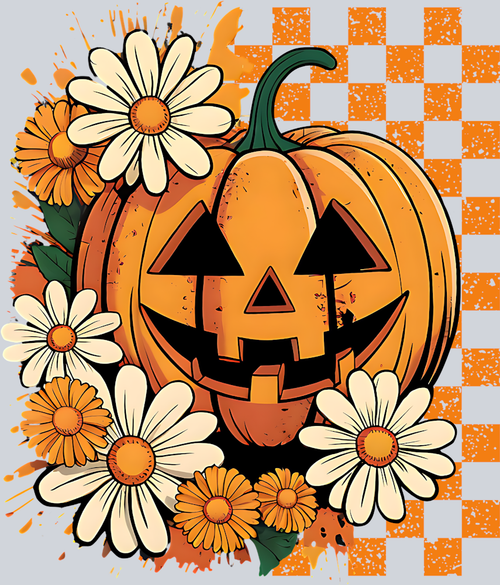 Autumn Halloween Pumpkin Flowers and Checkerboard 8 - STK07335 (DTF Transfers)