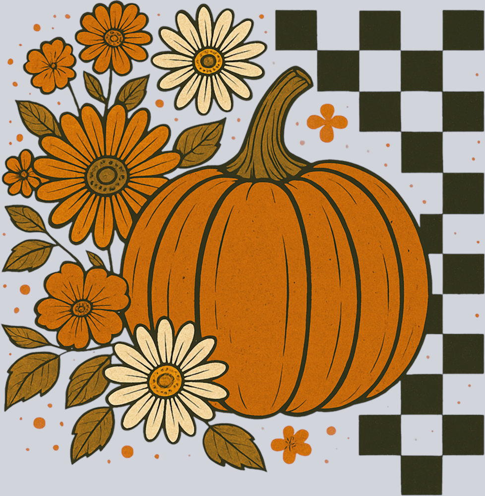 Autumn Pumpkin Flowers and Checkerboard 3 - STK07340 (DTF Transfers)